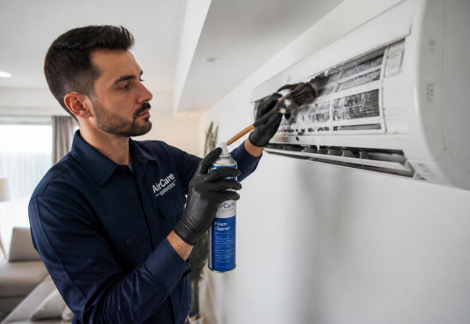 Technicien Ventiwash 60 réalisant le nettoyage approfondi d'une climatisation murale dans l'Oise